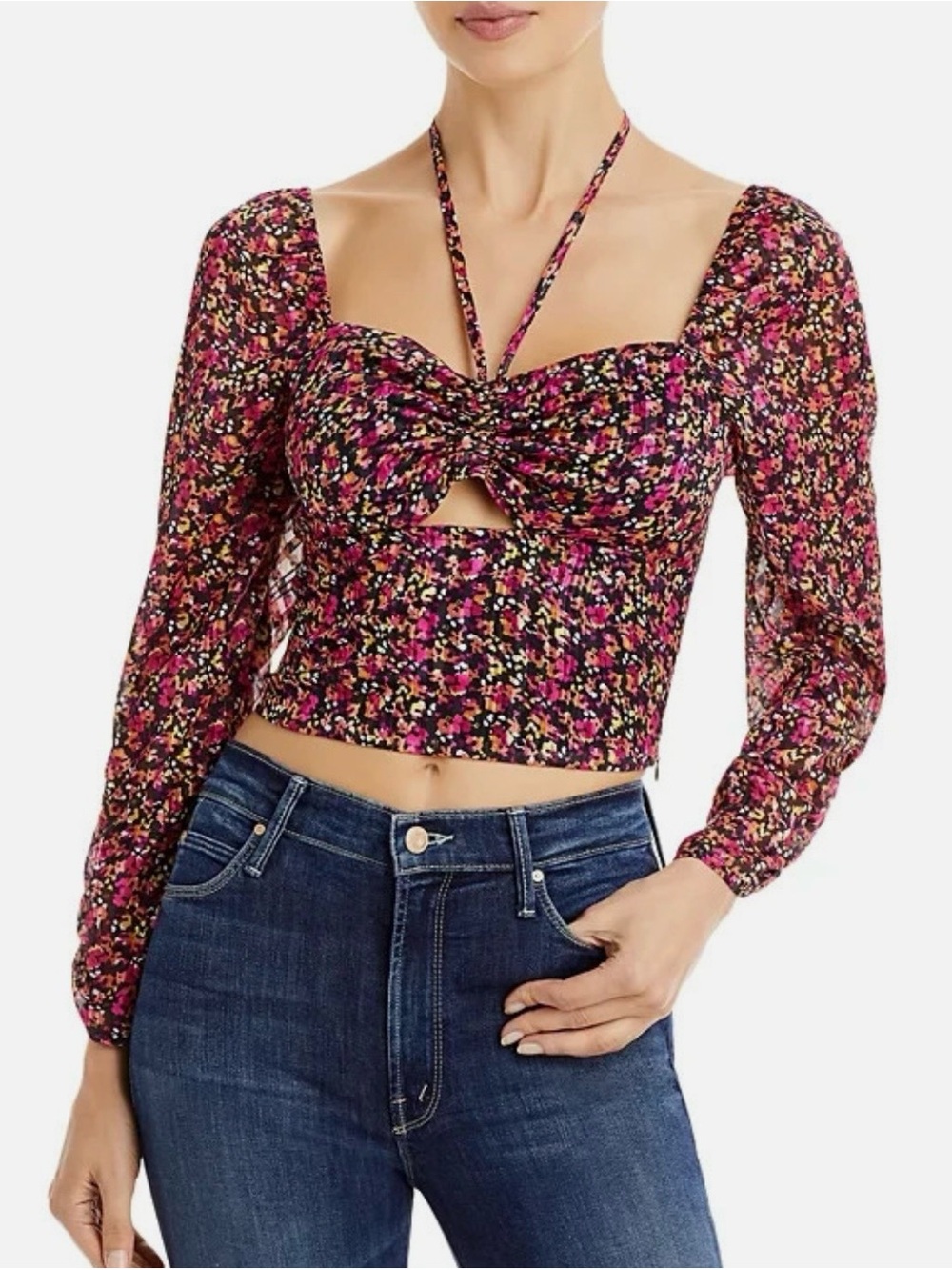 Aqua Floral ditzy Twist-Front Long Sleeve Crop Top